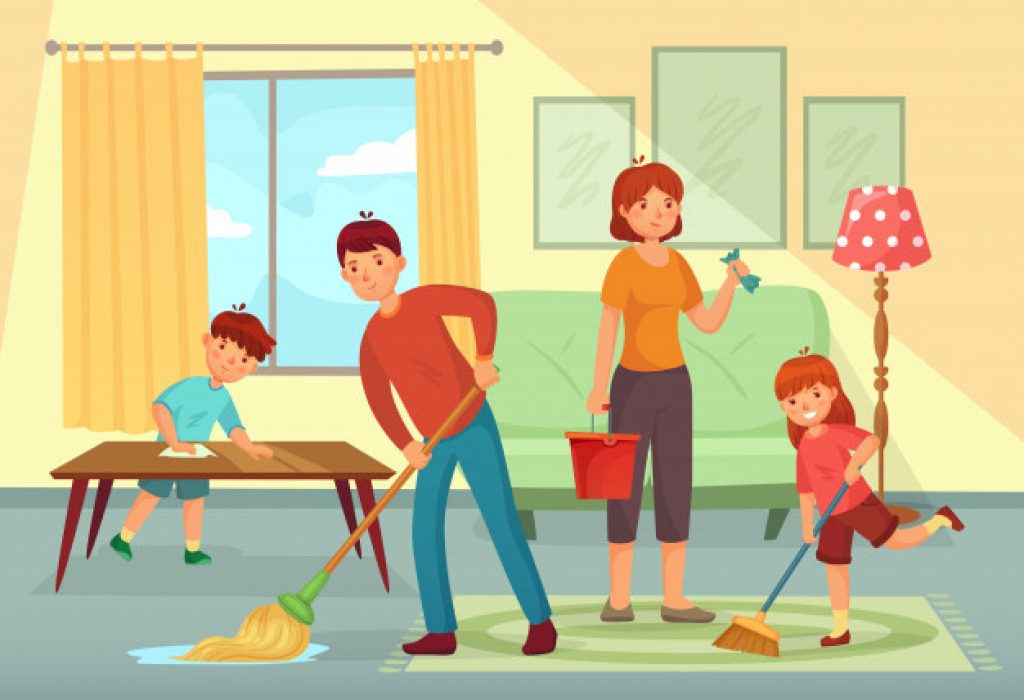 family cleaning in group activities team work, how to clean house fast